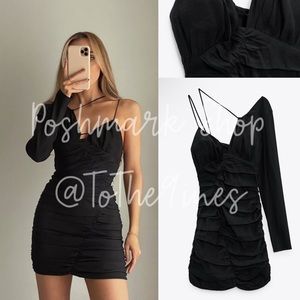 Zara Asymmetric Strappy Ruched Draped Dress Black